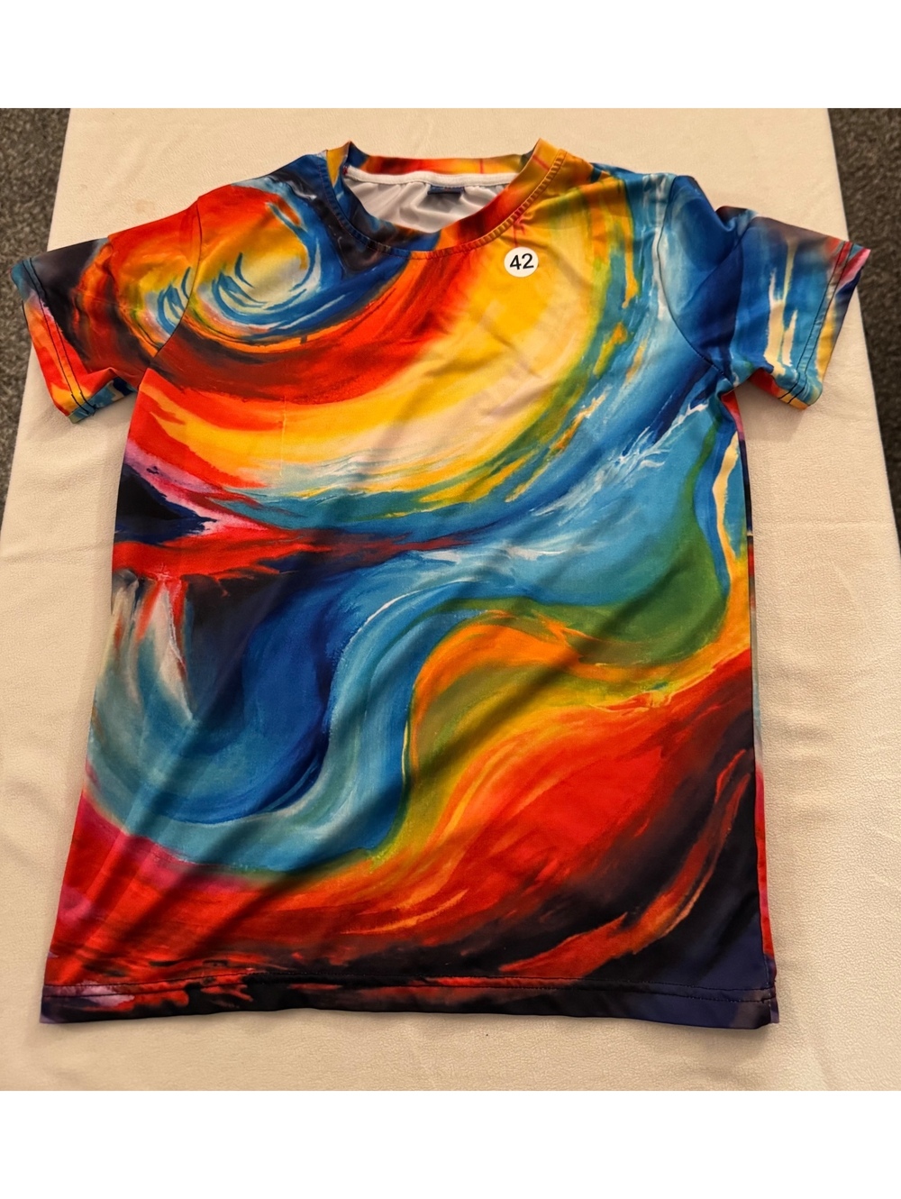 Abstract swirl print short sleeve T shirt size L multicolor